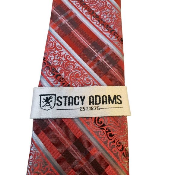 NWT Stacy Adams Mens Tie Necktie Designer Luxury Red Silver Striped Plaid - Picture 2 of 13